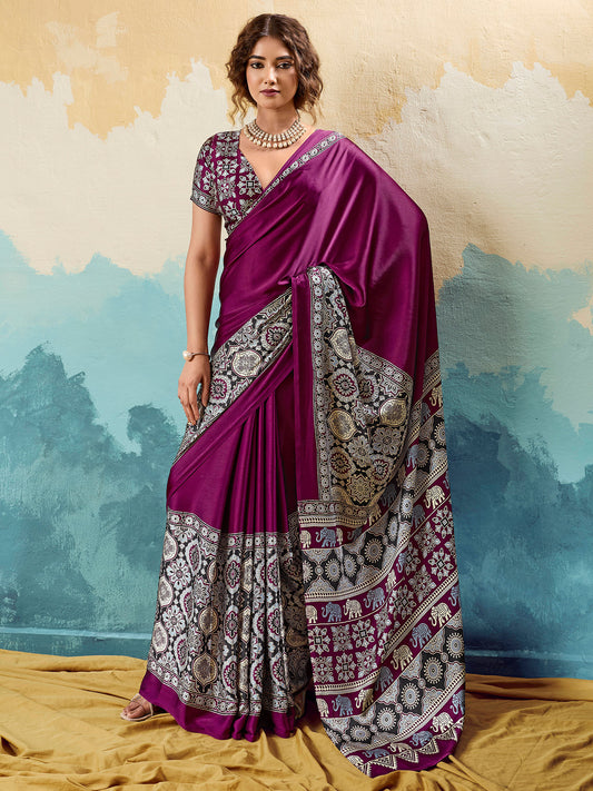 Wine Ajrakh Printed Satin Saree