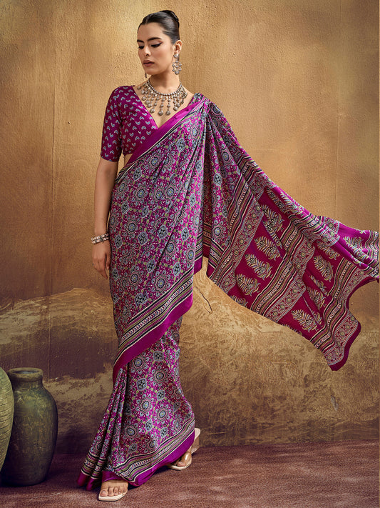 Wine Purple Ajrakh Print Satin Saree