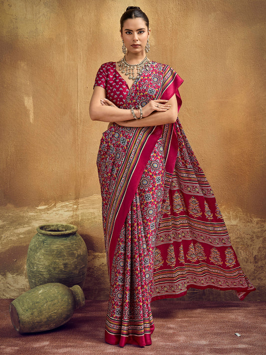 Crimson Red Ajrakh Print Satin Silk Saree
