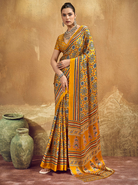 Mustard Yellow Ajrakh Print Satin Saree