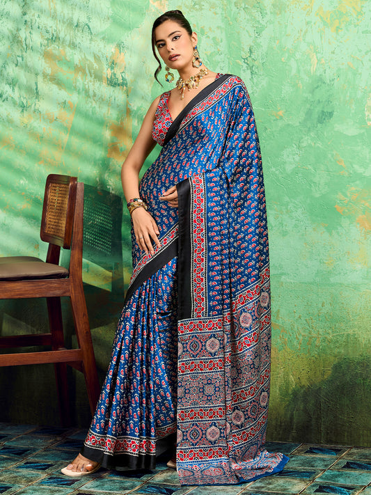 Royal Blue Ajrakh Block Print Satin Saree