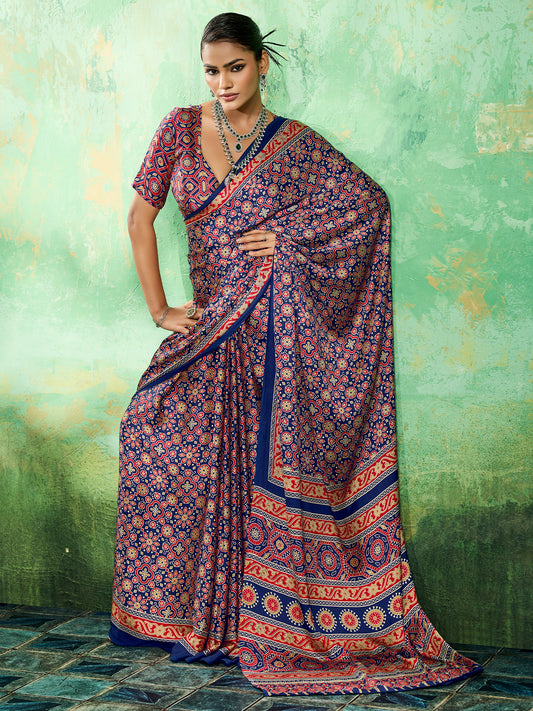 Royal Blue Ajrakh Bolck Print Saree