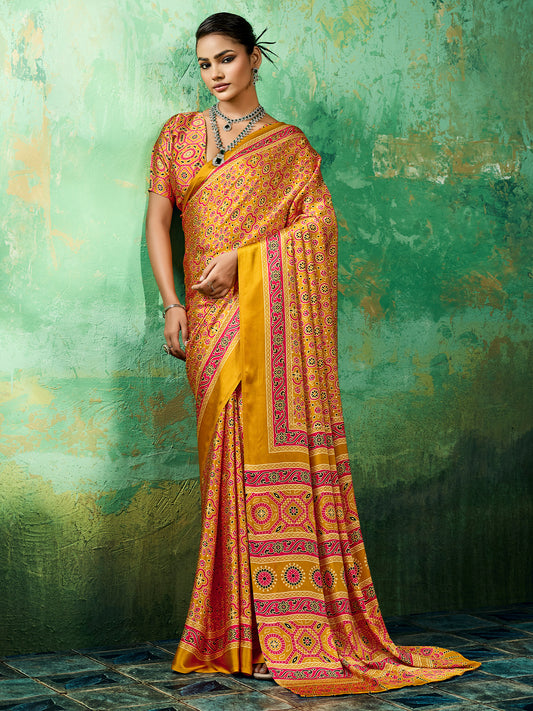 Mustard Yellow Ajrakh Block Print Saree