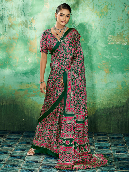 Green Ajrakh Block Printed Saree