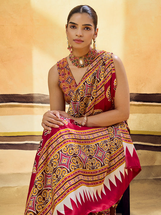 Wine Maroon Ajrakh Print Satin Saree