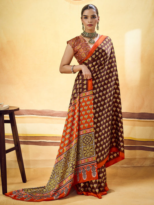 Dark Brown Ajrakh Print Satin Saree