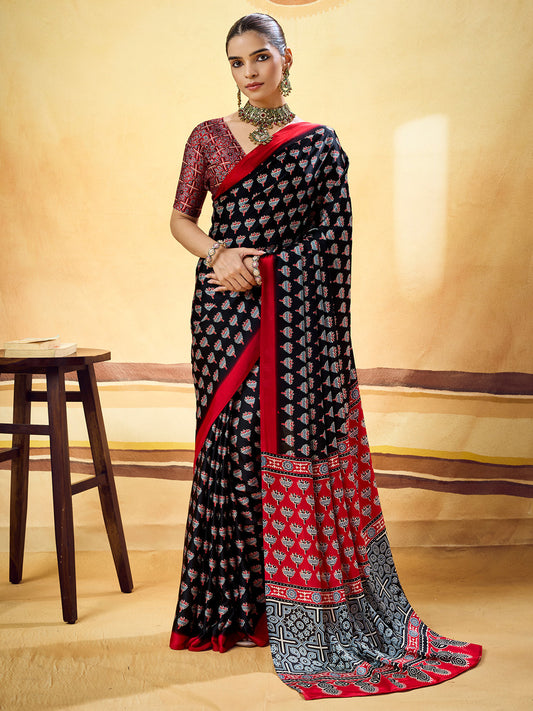 Black & Red Ajrakh Print Satin Saree