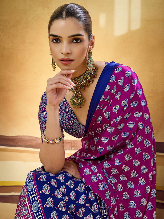Magenta Pink & Navy Blue Ajrakh Print Satin Saree