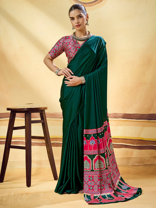 Bottle Green Solid Satin Saree