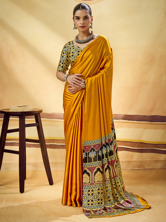 Mustard Yellow Solid Satin Saree