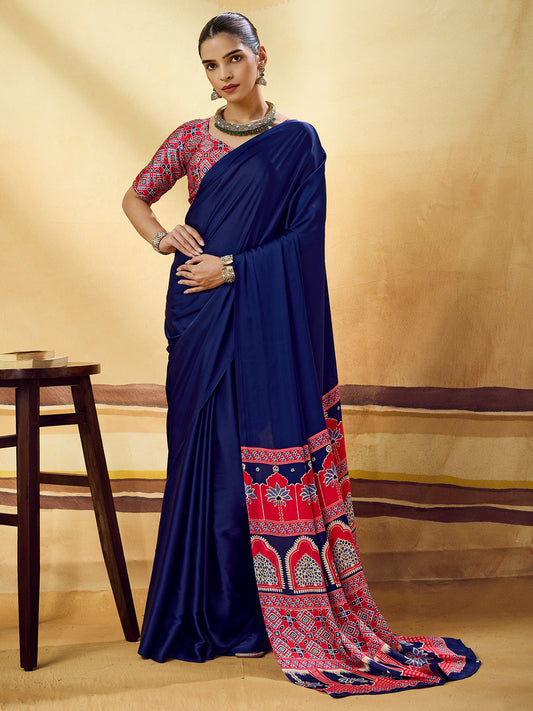 Navy Blue Solid Satin Saree