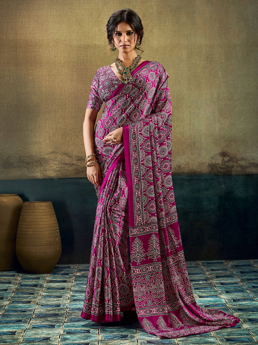 Magenta Pink Ajrakh All-Over Print Satin Saree
