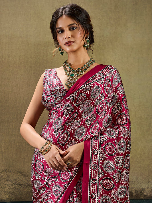 Deep Magenta Ajrakh All-Over Print Satin Saree