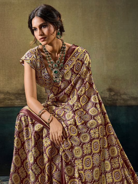 Brown & Mauve Ajrakh Print Satin Saree
