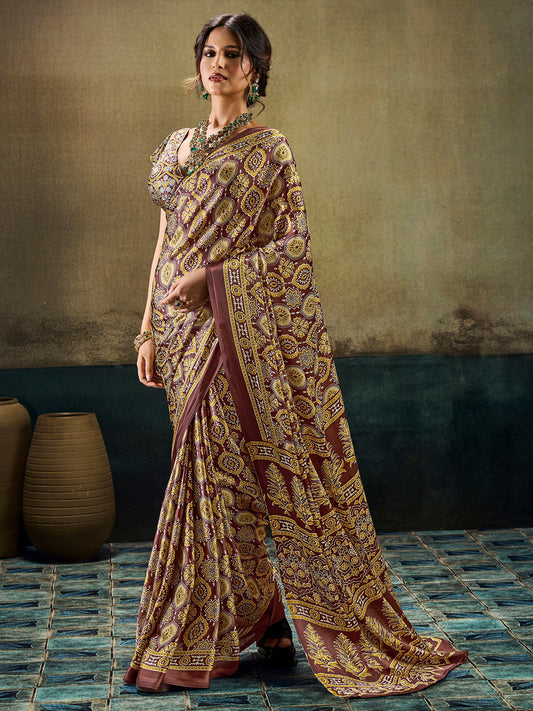 Brown & Mauve Ajrakh Print Satin Saree