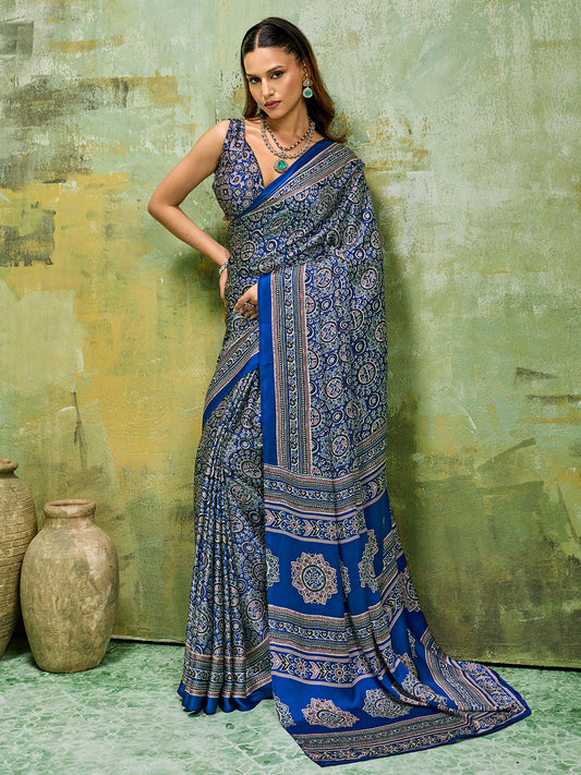 Navy Blue Ajrakh All-Over Dense Print Satin Saree