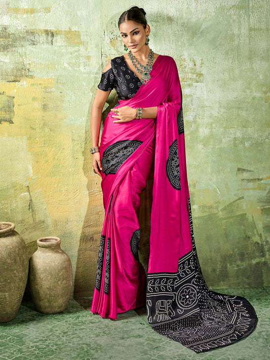 Hot Pink Solid Silk Satin Saree