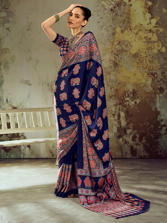 Navy Blue Elephant & Floral Motif Satin Saree