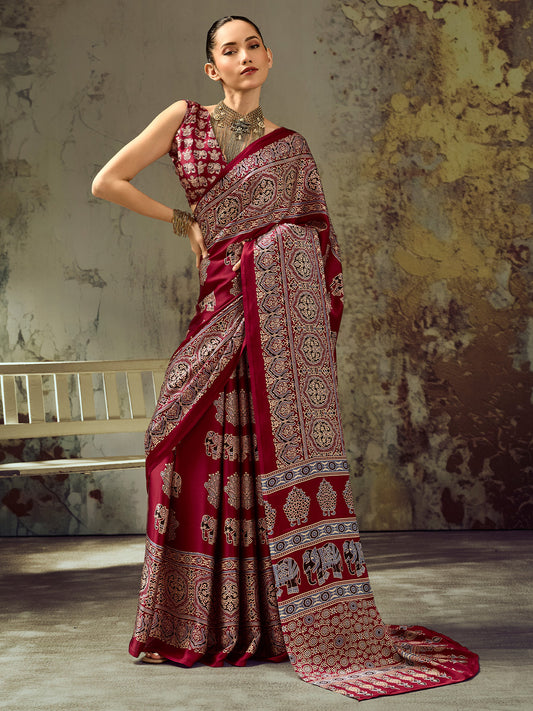 Maroon Elephant & Floral Motif Satin Saree