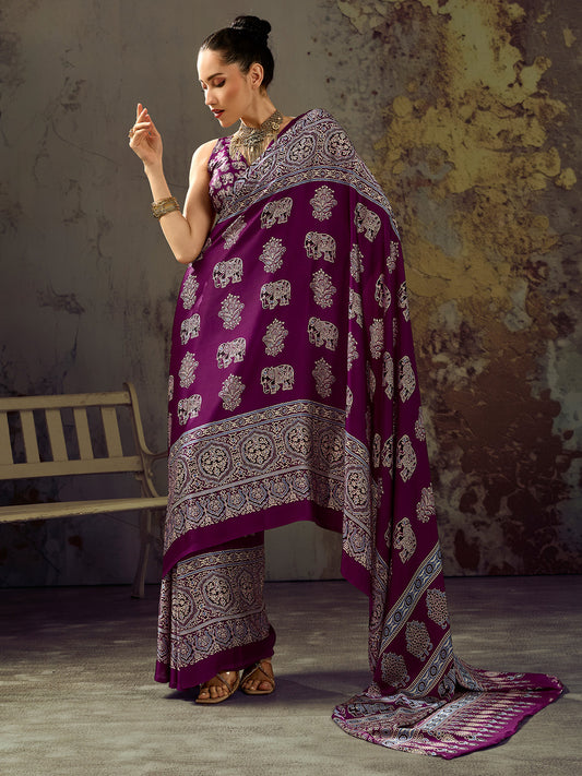 Purple Elephant & Floral Motif Satin Saree