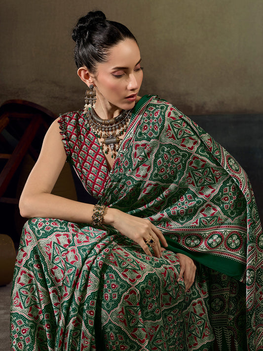Dark Green Silk Patola Geometric Print Satin Saree