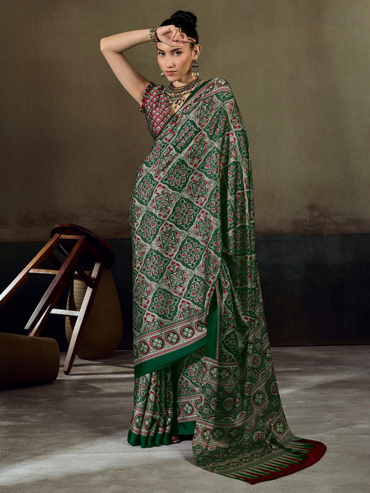 Dark Green Silk Patola Geometric Print Satin Saree
