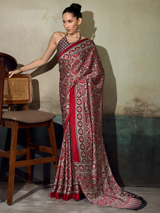 Maroon Patola Geometric Medallion Print Satin Saree