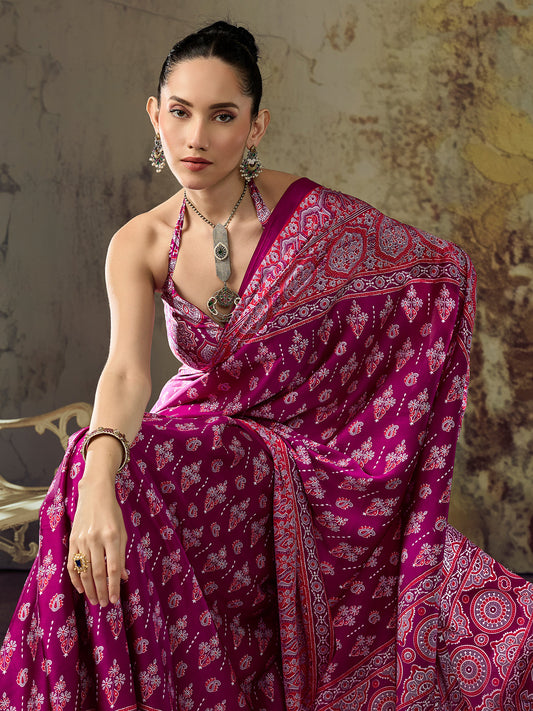 Magenta Ajrakh Paisley & Floral Butta Print Satin Saree