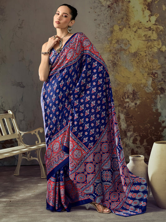 Navy Blue Ajrakh Paisley & Floral Butta Print Satin Saree