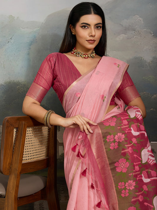 Light Pink Cotton Woven Printed Saree