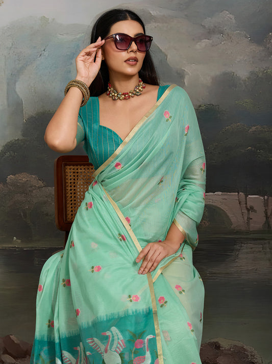 Sea Green Cotton Woven Printed Saree