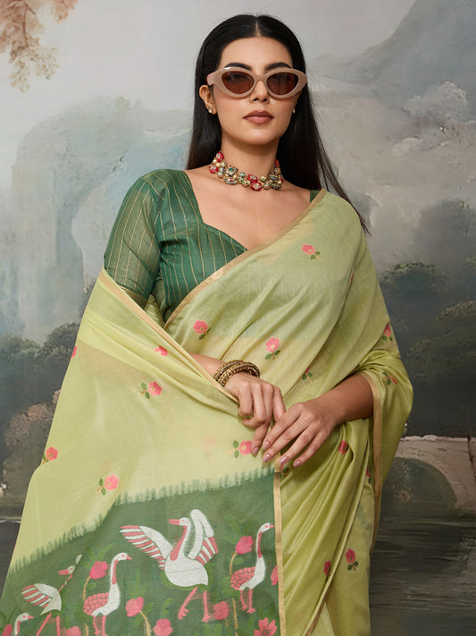 Light Green Cotton Woven Printed Saree