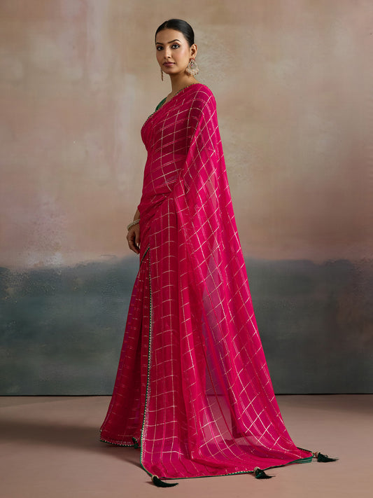 Pink Viscose Silk Zari Woven Checks Saree