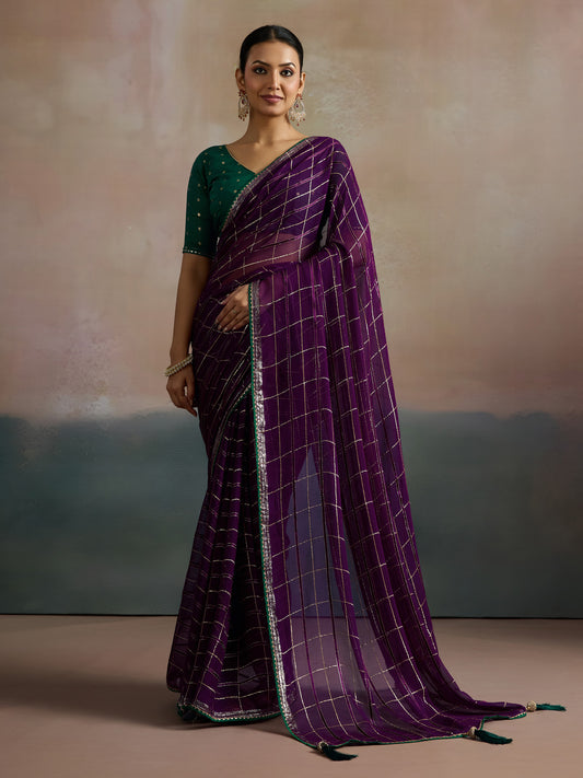Purple Viscose Silk With Zari Checks Saree