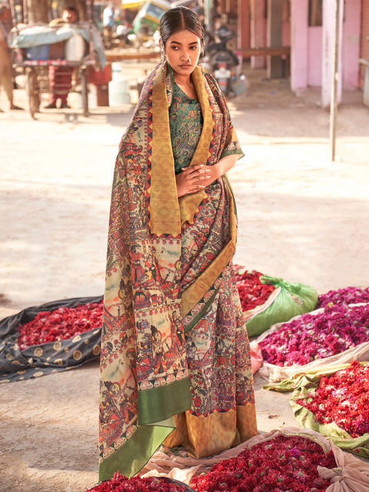 Cream Kalamkari Silk Saree with Multicolour Mythological Narrative Print, Forest Green & Gold Border & Kalamkari Blouse