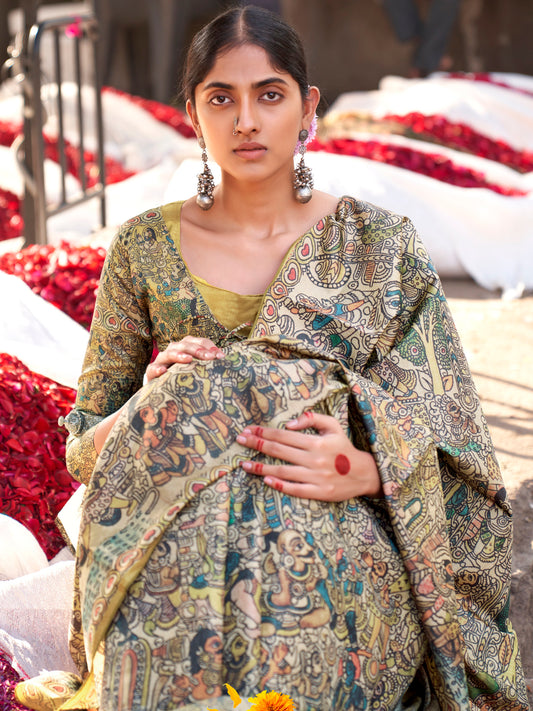 Cream Kalamkari Silk Saree