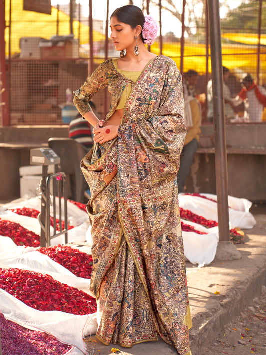 Cream Kalamkari Silk Saree