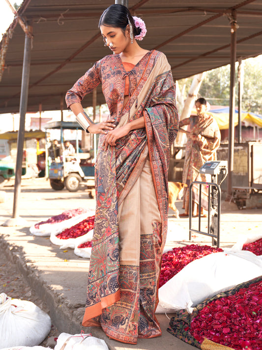 Beige Madhubani Silk Saree with Multicolour Folk Art Print, Terracotta Border & Madhubani Blouse