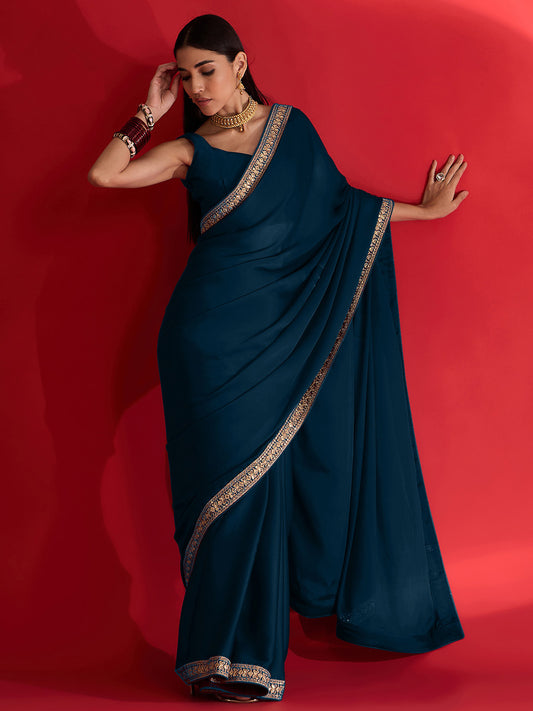 Teal Satin Chiffon Saree with Embroidered Jari Border
