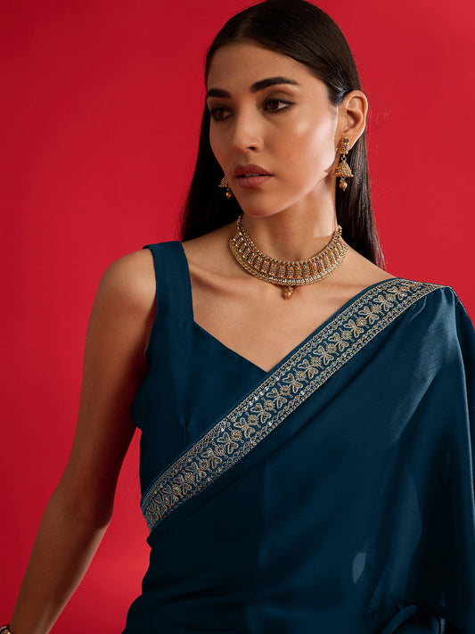 Teal Satin Chiffon Saree with Embroidered Jari Border