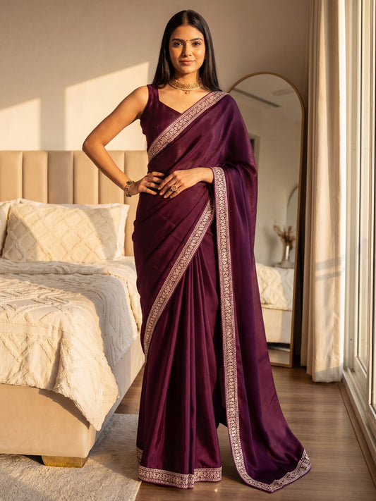 Wine Organza Silk Blend Saree