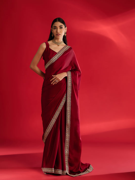 Crimson Embroidered Silk Saree with Gold Border