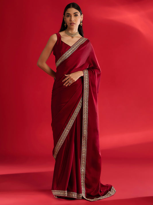 MAROON SATIN SILK EMBLISHED SAREE
