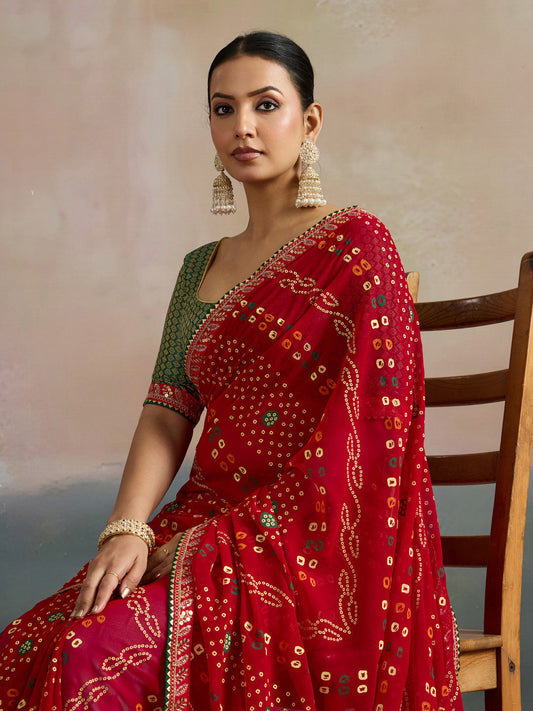Red Bandhani Georgette Saree with Green Gold Border