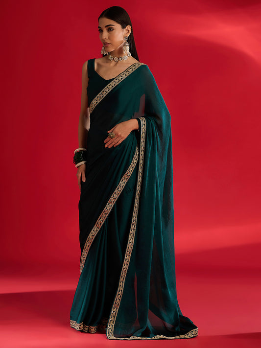 c Emerald Green Georgette Embroidered Saree with Gold Border