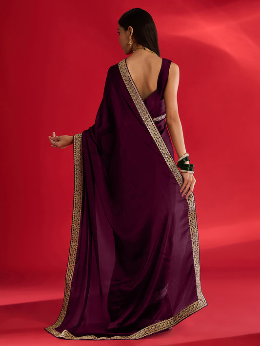 Deep Plum Georgette Saree with Gold Lace Border
