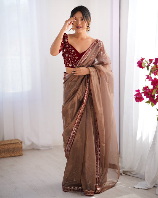 Brown Supernet Saree with Embroidered Velvet Blouse