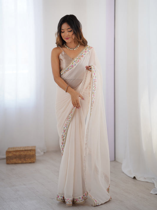 White Georgette Party Wear Saree