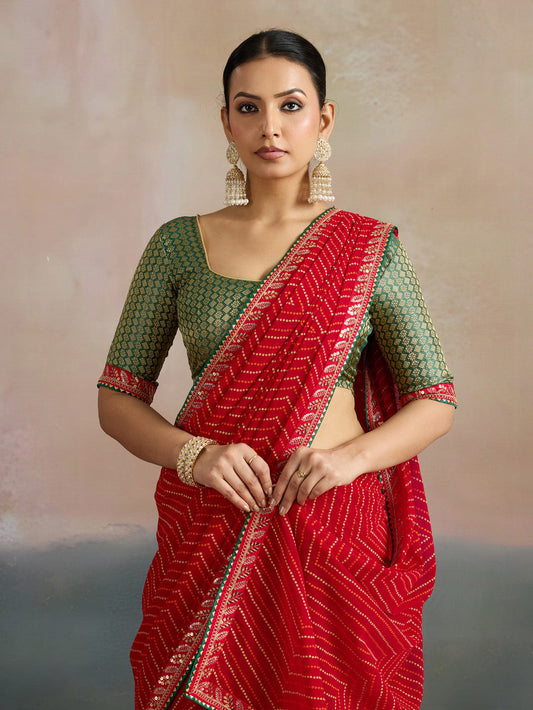 Red Leheriya Georgette Saree with Gold Lace Border