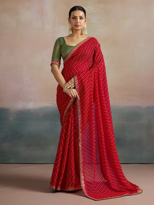 Red Leheriya Georgette Saree with Gold Lace Border